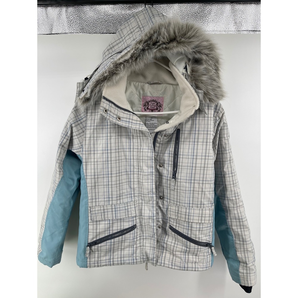Y2K Five Fifty Five Womens Plaid Ski Jacket Faux Fur Hood Blue White Size 14